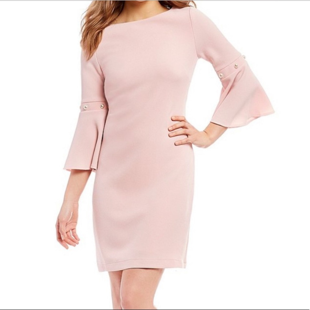 Ivanka Trump Textured Knit Bell Long Sleeve Pearl Detail Shift Dress